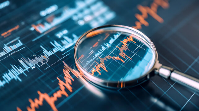 magnifying glass highlights falling interest rate chart, emphasizing importance of financial analysis and market trends. This image captures essence of economic evaluation and data interpretation
