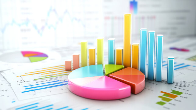 colorful pie chart and bar graphs illustrate data analysis in strategic business plan. vibrant visuals convey insights and trends effectively, enhancing decision making