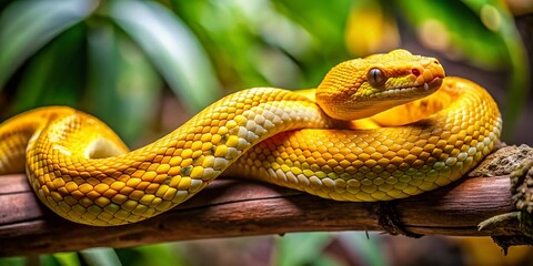 Fototapeta premium Vibrant Yellow Snake with Distinctive Spots Relaxing on a Branch in Its Natural Habitat