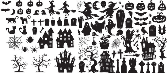 spooky Halloween-themed collection of silhouettes, including witches, bats, pumpkins, haunted houses, and graveyards. Perfect for holiday design projects and decorations