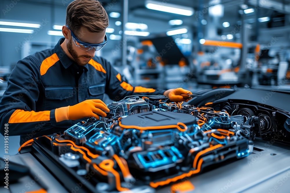 Aufkleber Realistic depiction of reverse engineering an automotive engine, with an engineer carefully analyzing each component laid out on a workbench