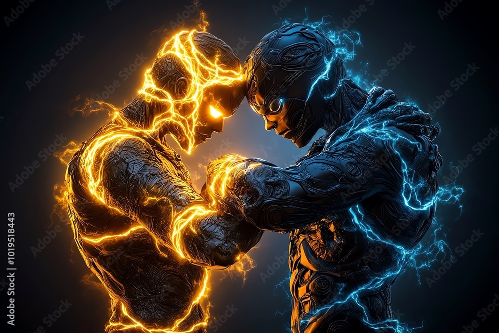 Aufkleber Realistic depiction of two intertwined figures, one glowing with light and the other dark and shadowed, representing the dualism of unity and opposition