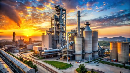 Cement production facility with carbon capture technology against a sunset backdrop, cement, production