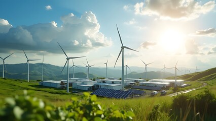 Modern battery energy storage system with wind turbines and solar panels in lush green grass fields renewable power 3d illustration