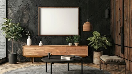 Aesthetic composition of living room interior with mock up poster frame, round black coffee table, wooden sideboard, dark wall with stucco,