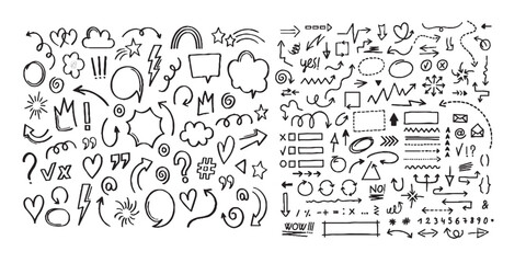 Large collection of hand-drawn doodle symbols in black and white, including arrows, hearts, stars, speech bubbles, and other abstract elements for creative projects and graphic design