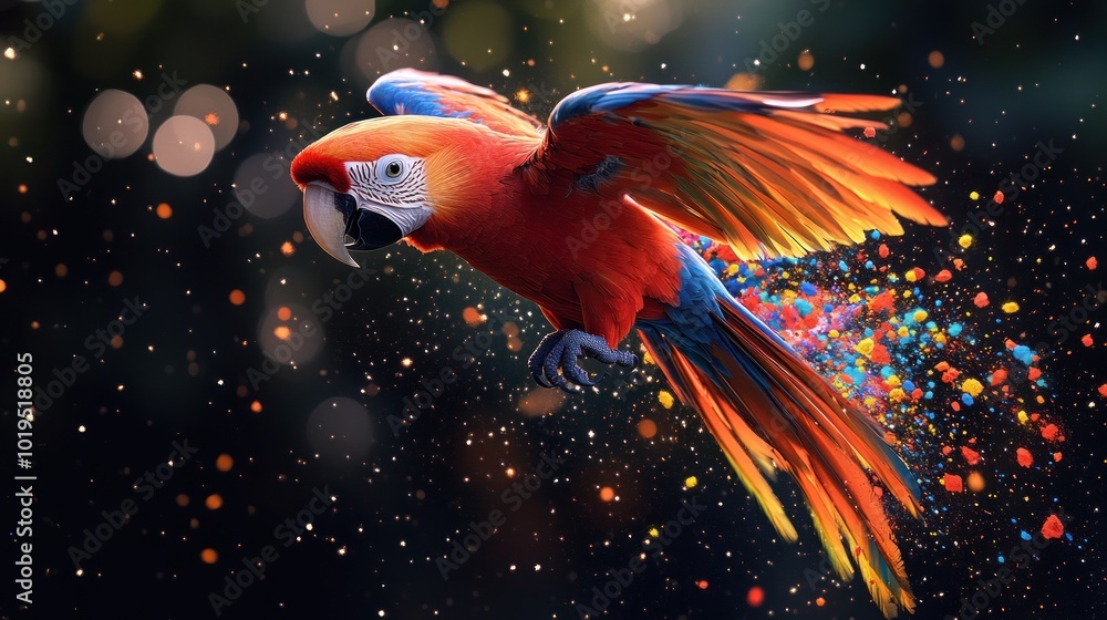 Poster vibrant parrot in flight with colorful particles trailing behind.