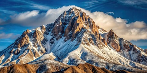 Close-up view of a desert mountain peak with snow, showcasing the uneven terrain, desert, mountain, peak, snow, close-up