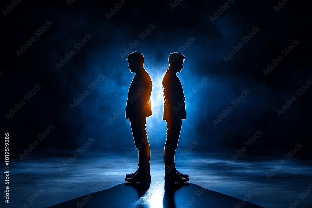 Poster realistic depiction of two people standing side by side, one in bright light and the other in shadow