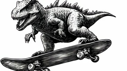 A black and white illustration of a dinosaur skateboarding - Powered by Adobe