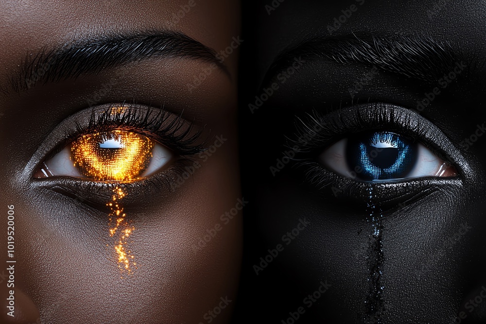 Poster realistic depiction of two eyes, one glowing with light and the other dark and shadowed, symbolizing