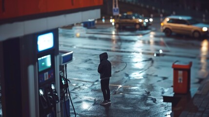 Fototapeta premium Man at gas station with empty fuel pump, car parked nearby with hood open, worried expression on face, symbolizing fuel shortage crisis.