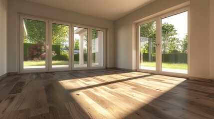 an empty living room with sliding glass doors and floor to the right, there is no one person in it