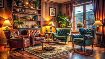 Naklejka premium Vintage Retro Armchairs in a Cozy Living Room Setting with Warm Lighting and Stylish Decor Elements