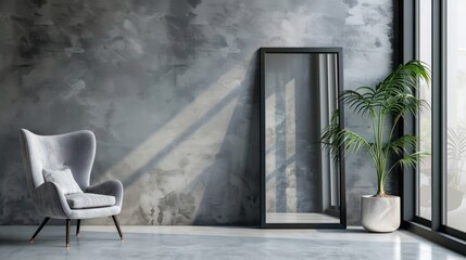 Armchair and floor mirror in a gray modern room