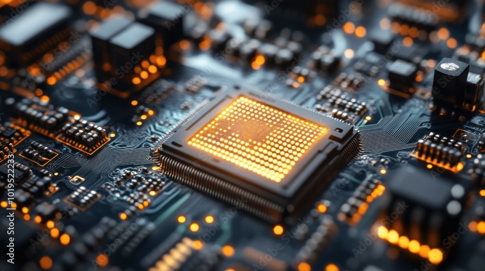 Poster close-up of a circuit board with a glowing microprocessor.