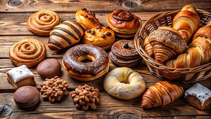 A delightful assortment of baked goods including croissants, donuts, pastries, and sweet treats displayed on a rustic wooden table.