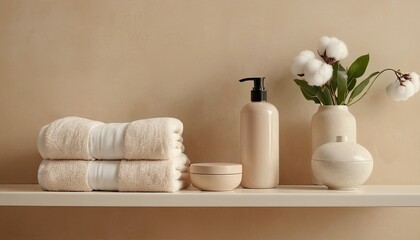 A minimalistic bathroom shelf featuring neatly arranged toiletries a potted plant and a towel creating a serene and organized atmosphere
9