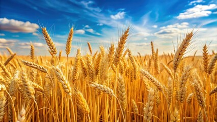 Fototapeta premium Ripe and golden wheat spikelets in a vast field under a blue sky, wheat, gold, fields, ripe, spikelets, road, agriculture