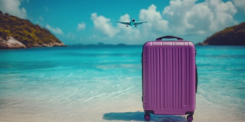 Purple suitcase on beach with airplane in the background