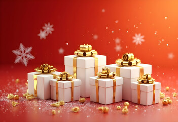 Brightly wrapped gifts with golden bows are arranged against festive red background, creating cheerful holiday atmosphere. Snowflakes and sparkles enhance joyful scene