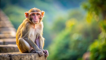 Fototapeta premium Focus shot of a cute rhesus monkey sitting on a stone wall, rhesus monkey, cute, sitting, stone wall, wildlife, animal