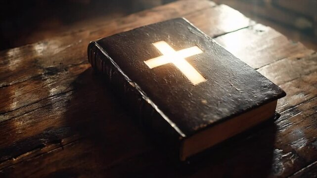 christian holy bible on a wooden table with cross made of glowing light with sunlight Generative AI