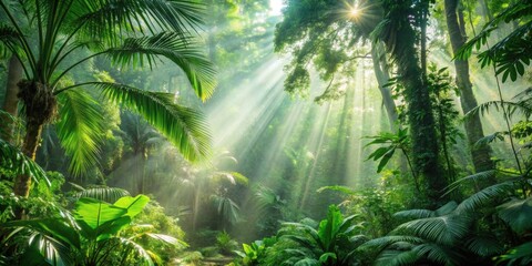 Lush green tropical forest with sun rays filtering through the canopy, tropical, forest, jungle, green, foliage, nature, sunlight