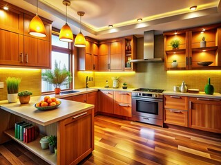 Warm and Inviting Kitchen Background with Modern Appliances, Wooden Cabinets, and Bright Lighting