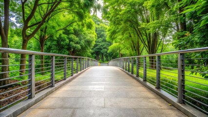 Wide concrete path with metal railing and green trees in background, path, concrete, metal railing, green trees, gray