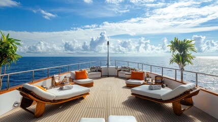 Obraz premium A luxurious yacht deck with comfortable loungers and a serene ocean view.