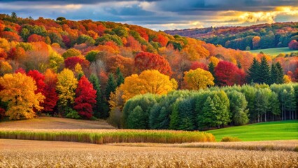 Obraz premium Beautiful autumn landscape with red, yellow and green trees by a corn field , fall foliage, harvest season