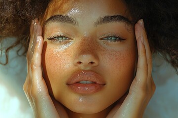 Naklejka premium A closeup camera view of a woman gently touching her face with both hands