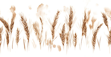 Hand-Drawn Wheat Strands in Sepia Ink on white and transparent background. PNG