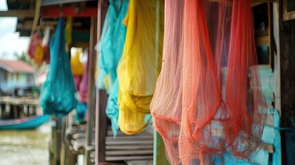 Obraz premium Colorful Fishing Nets Hanging Near Water