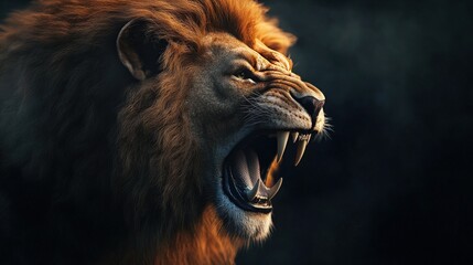 Fototapeta premium Close-up portrait of a roaring lion with a dark background.