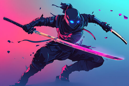 A dynamic ninja character wielding a glowing sword in a vibrant, abstract background.