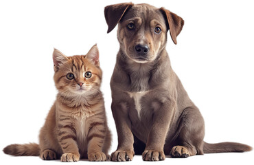 Adorable Kitten and Puppy Sitting Together on White Background