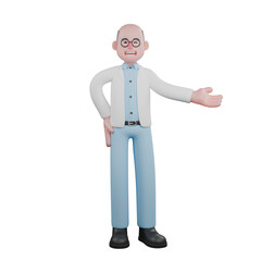 3D Professional Scientist Character. A male scientist standing opening his right hand to the side with his palm facing up and his left hand on his waist. Male Chemist
