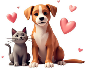Cute dogs couple in love with hearts 3d render on transparent background