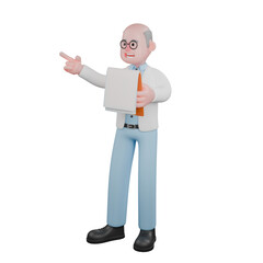 Cartoon Illustration of a Male Scientist. A male scientist standing holding a clipboard and pointing in a certain direction with his left hand. 3D Technological Style