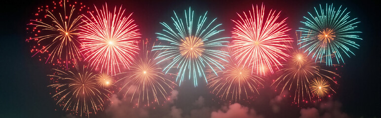 Fototapeta premium Colorful fireworks in the New Year's night sky. Banner. Holiday concept.