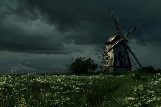 windmill in the dark and stormy sky