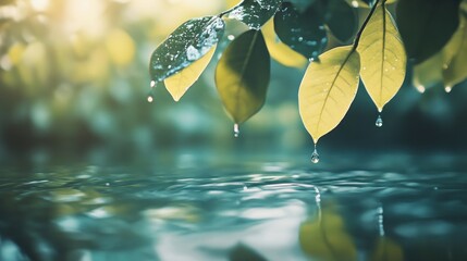 Water Drops Falling from Leaves into a Calm Pond