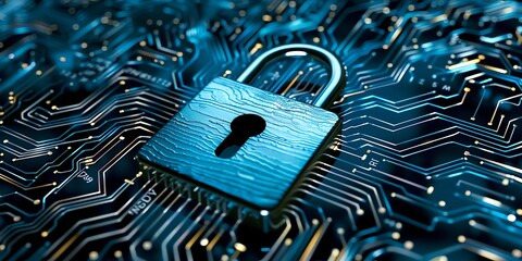 security concept with padlock symbols on server room background