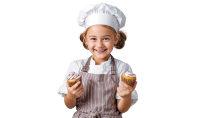 Portrait of a smiling little girl chef holding a pastry, isolated on transparent background
