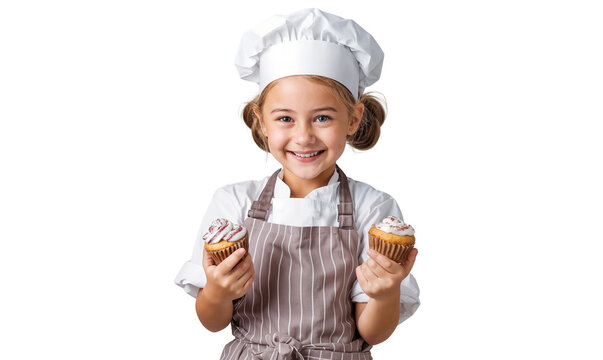 Portrait of a smiling little girl chef holding a pastry, isolated on transparent background