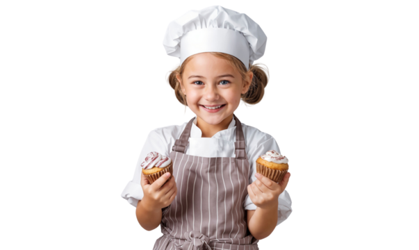 Portrait of a smiling little girl chef holding a pastry, isolated on transparent background