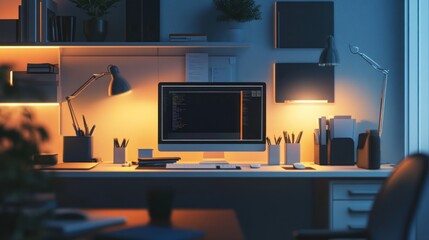 A Modern Desk Setup with a Computer, Papers, and a Desk Lamp