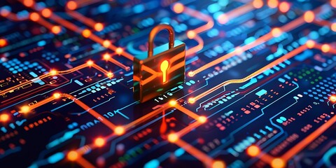 security concept with padlock symbols on server room background